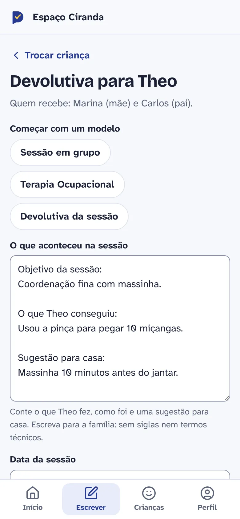 Tela do app: devolutiva para Theo com o modelo de Terapia Ocupacional preenchido.