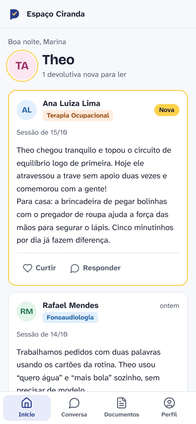 Tela do app vista pela mãe: devolutiva nova da terapeuta ocupacional, marcada como Nova.